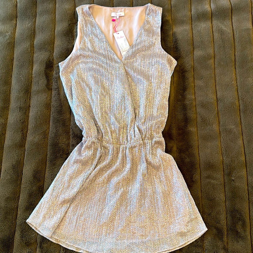 Parker Blush Pink Metallic Sleeveless Plunging Neck Mini Dress Size M